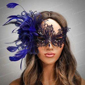 Masquerade Mask Blue Feathers Halloween Costume